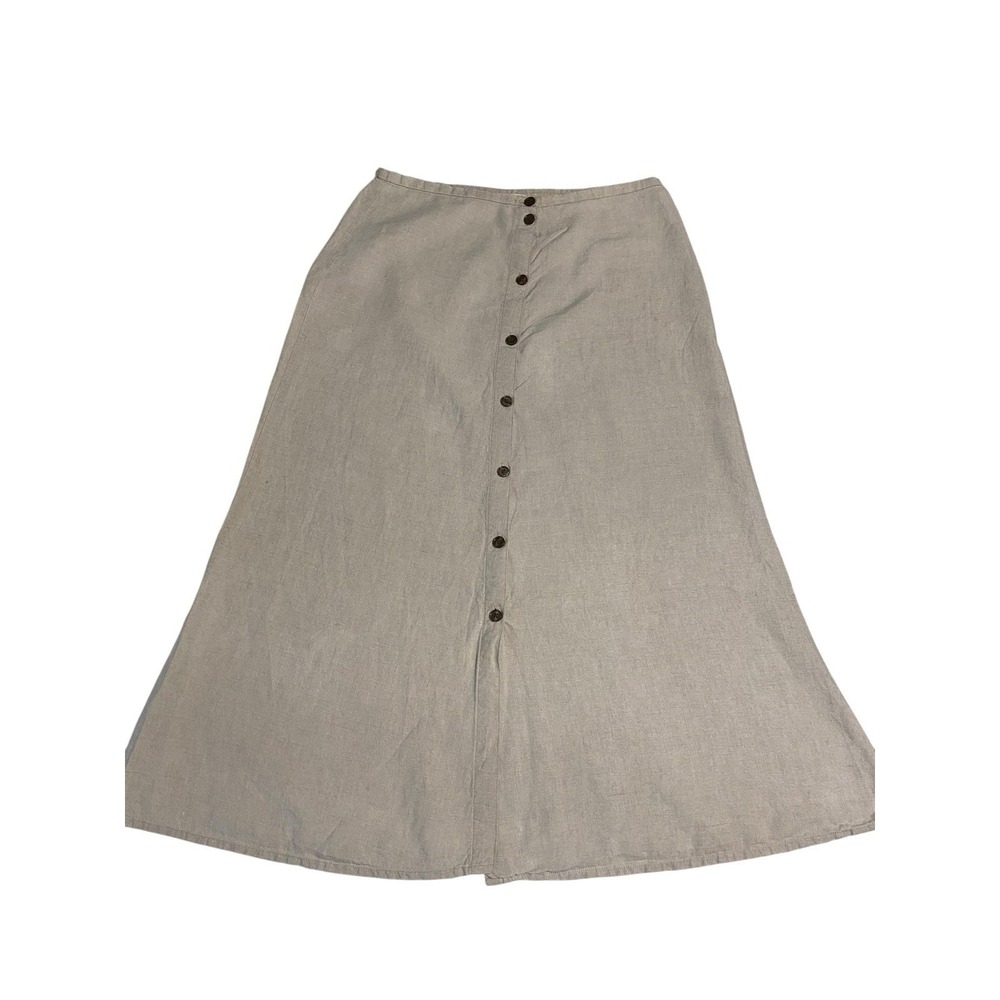 Eddie Bauer 100% Linen Midi Skirt Size 12 Button Front Beige Oatmeal Coastal - Picture 2 of 8